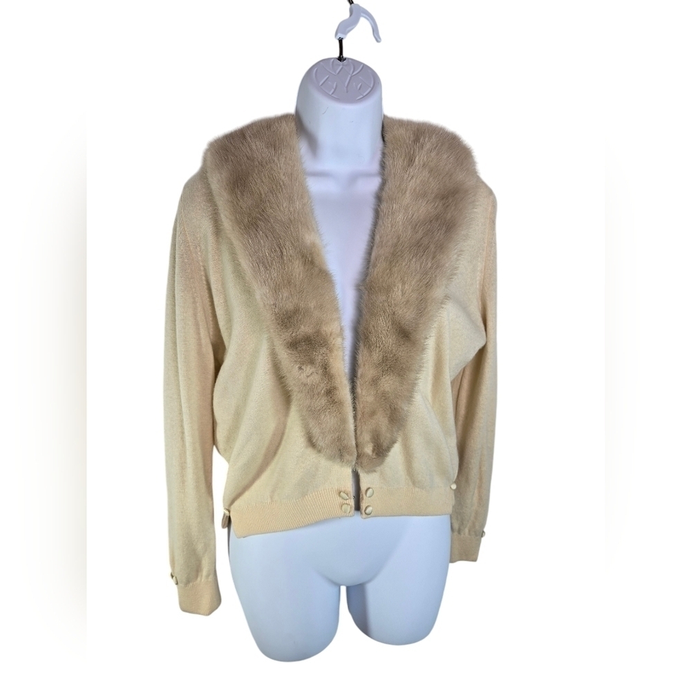 Vtg 50s cream wool cashmere mink fur collar cardigan sweater